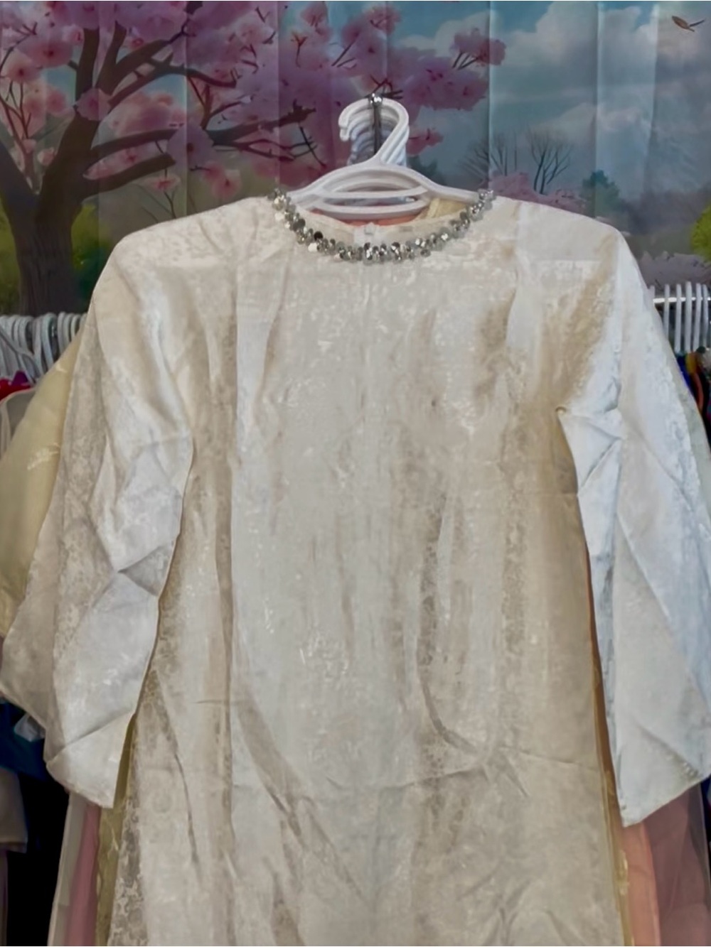 Ao dai xl cach tan suong Vietnam modern long dress set cream 0 2 4 6 8 s m l xl